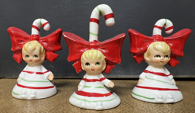 Vintage Lefton Christmas CANDY CANE Pixie Bell & Salt & Pepper Shaker Set RARE