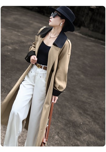 Retro Womens Double Breasted Mid Long Trench Coat Overcoat Loose Fit Color Block - Picture 14 of 26