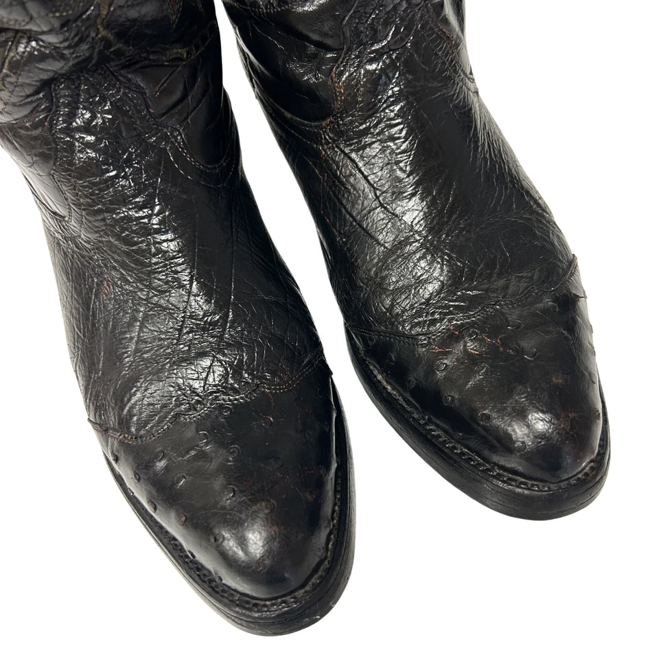Botas ROCKABILLY vintage anos 70 masculinas Black Cherry Cowboy Western OSTRICH QUILL ponta de asa - Imagem 3 de 4