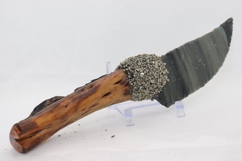 Flint Knapped Obsidian Knife-Burns Green on Sagebrush Wood Handle Crushed Pyrite - Picture 4 of 9