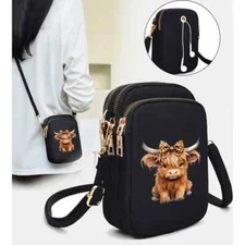 Highland Cow Themed Black Casual Fashion Mini Bag with Mobile Phone Bag