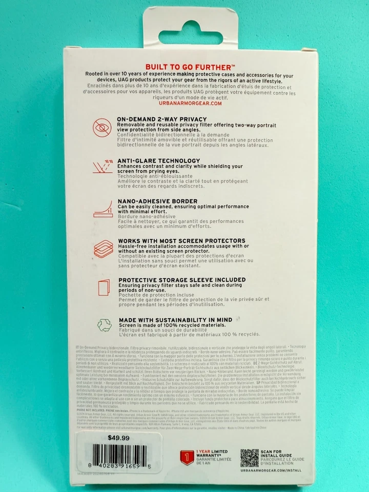 URBAN ARMOR GEAR UAG Diseñado para iPhone 16 Pro Max Pantalla de Privacidad Extraíble NUEVO Foto 2 de 4