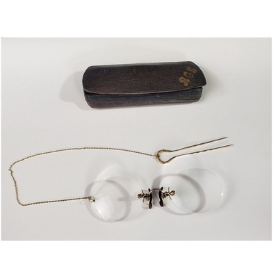 Antique 10k Gold Pince Nez Eyeglasses Chain Hair Pin & Case Art Deco