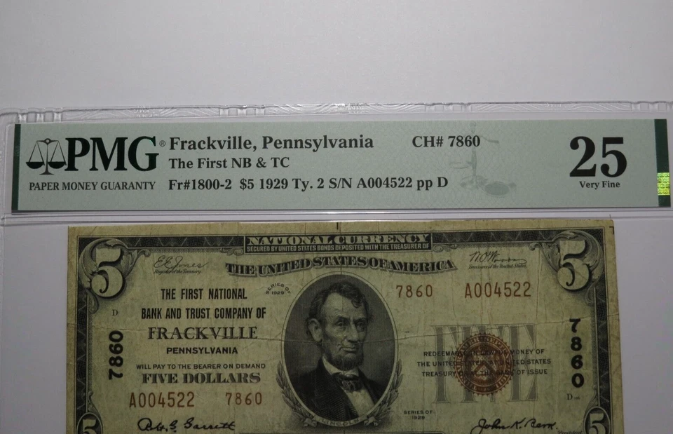 $5 1929 Frackville Pennsylvania PA National Currency Bank Note Bill #7860 VF25 - Image 2 of 4