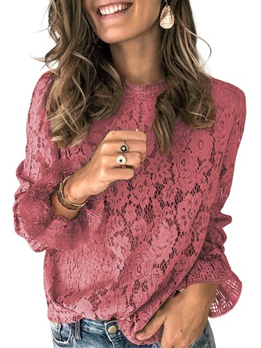 Damen lange Glockenärmel transparent Blumen Spitze Bluse Tops - Bild 4 von 25