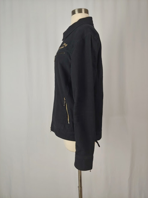 Jack Rose Men's Black Embroidered Searched Myself Cotton Zip Front Moto Jacket 5