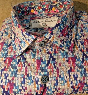 NWT Robert Graham men's Size L Short Sleeve Button Down Geo/Checks Jacq Clas