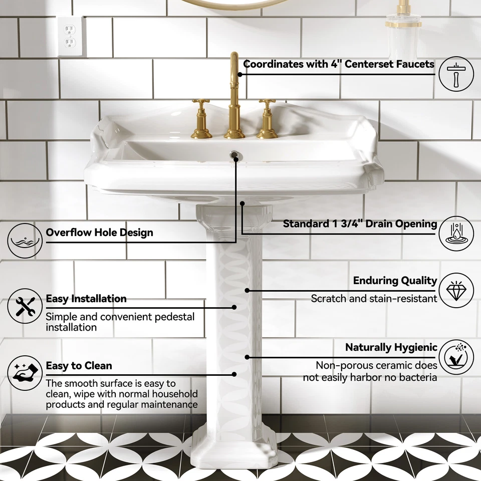 Fregadero de baño con pedestal de porcelana vítreo rectangular blanco de 35,4 pulgadas de alto con desbordamiento Foto 2 de 4