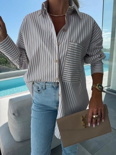 Ladies Striped Blouse Loose Button Up Long Sleeve Casual Tops Shirts Tee SIZE UK - Picture 7 of 20