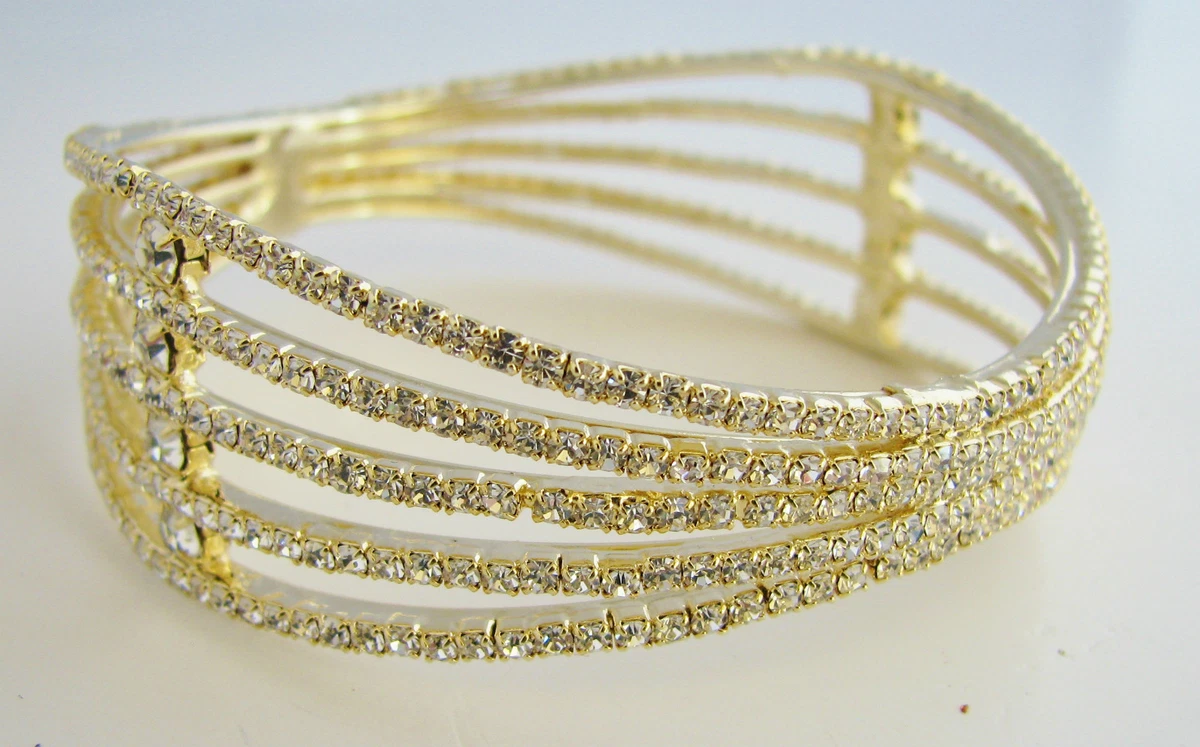 NEW HANDCRAFTED INDIA GATHERED GOLD TONE SWAROVSKI CRYSTAL BANGLE