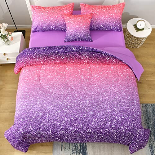 Pink Purple Comforter Set Full/Queen Size, 6 Piece Bed in A Bag 3D Colorful - Bild 4 von 7