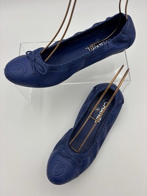 Chanel Ballet Flat Royal Blue Leather Size 39 C /  8 or 8.5 W Elastic Scrunch