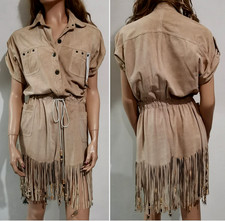 Dolce & Gabbana Vintage Safari Fringe Trimmed D&G Goat Suede Beige Dress IT38