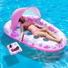 XL Inflatable Pool Float with Canopy & Cup Holder for Adults