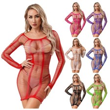 Womens See Through Stretchy Fishnet Lingerie Nightgown Night Out Dress Nightwear