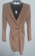 Fashion Nova Rose Gold Mini Dress XS Bodycon Glitter Long Sleeve V Neck NWT