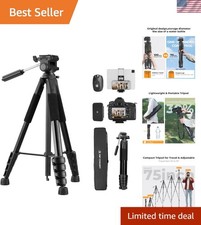 All-in-One 75" Travel Tripod with Pan Head  Bubble Level   Perfect for Vloggers