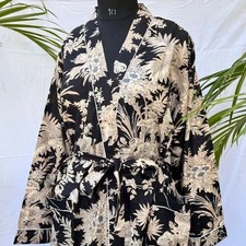Bata de algodón india negra con estampado floral kimono larga ropa de dormir traje de noche kimono