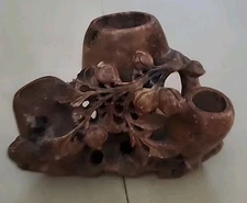 Vintage Chinese Carved Soapstone 3 Section Inkwell / Vase Brush Pot Floral  K