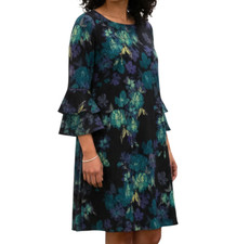 RONNI NICOLE Sweater Knit Shift Dress BLACK GREEN BLUE PURPLE FLORAL Bell Slvs L