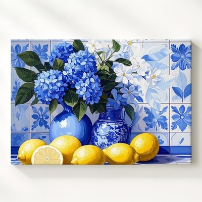 Wall Art Mediterranean Lemons & Hydrangeas Canvasstill-Life Blue And White Art