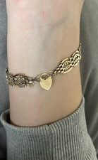 Antique 9ct Yellow Gold Padlock Chain Bracelet Heart Charm Vintage Fine