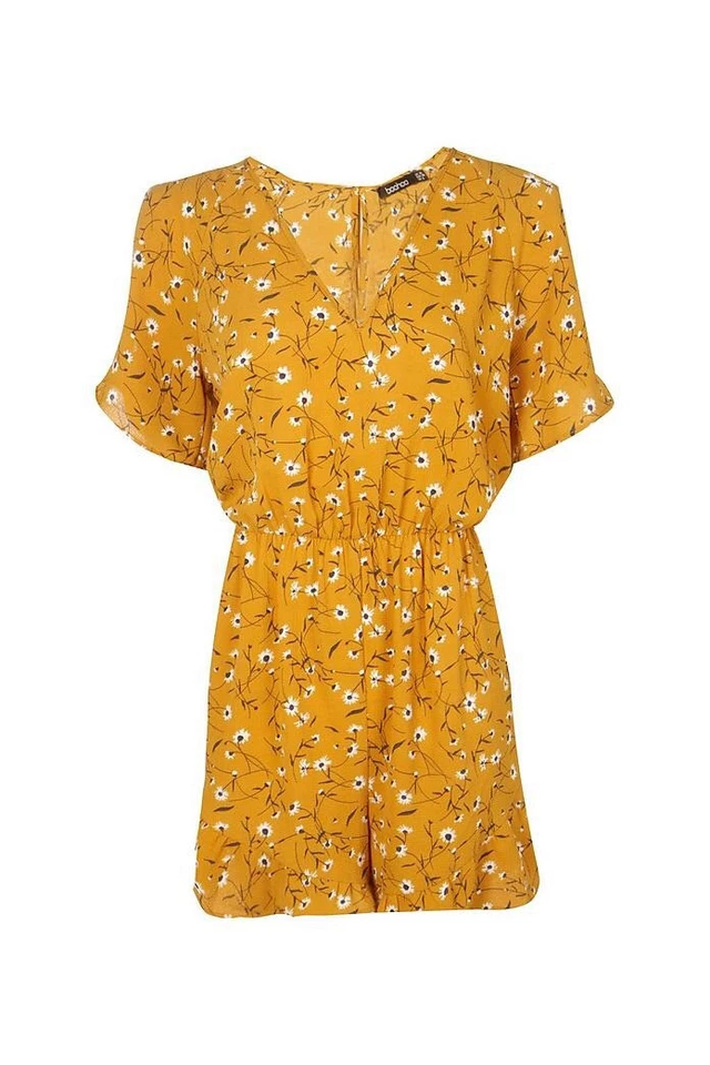 Mono Boohoo Mameluco Femenino Estampado Floral Mostaza Amarillo y Blanco Foto 3 de 4