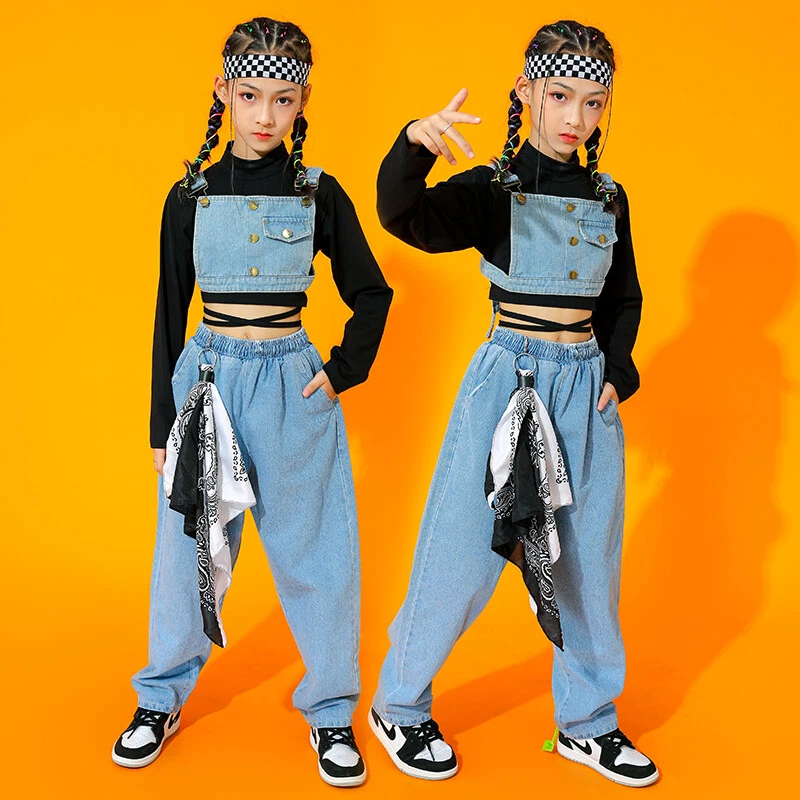 Jazz Costume Girls Hip Hop Clothes Denim Long Sleeve Performance Outfit