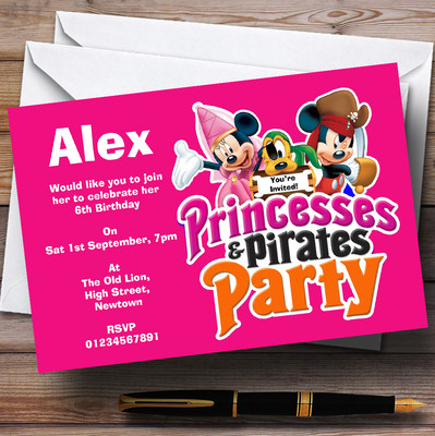 Personalisierte Geburtstagsparty-Einladungen Mädchen rosa Piraten und Prinzessin Motiv