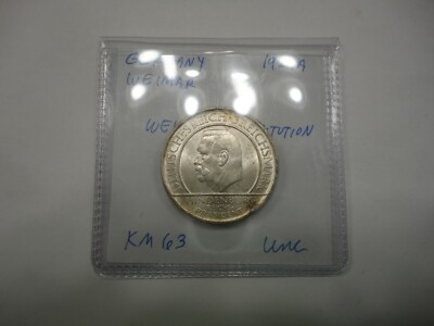 Germany Silver 3 Mark 1929A, 10th Anniversary of the Weimar Constitution, Unc 