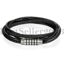 Mens Black Braided Leather Multi-strand Bracelet Stainless Steel Magnetic Cuff