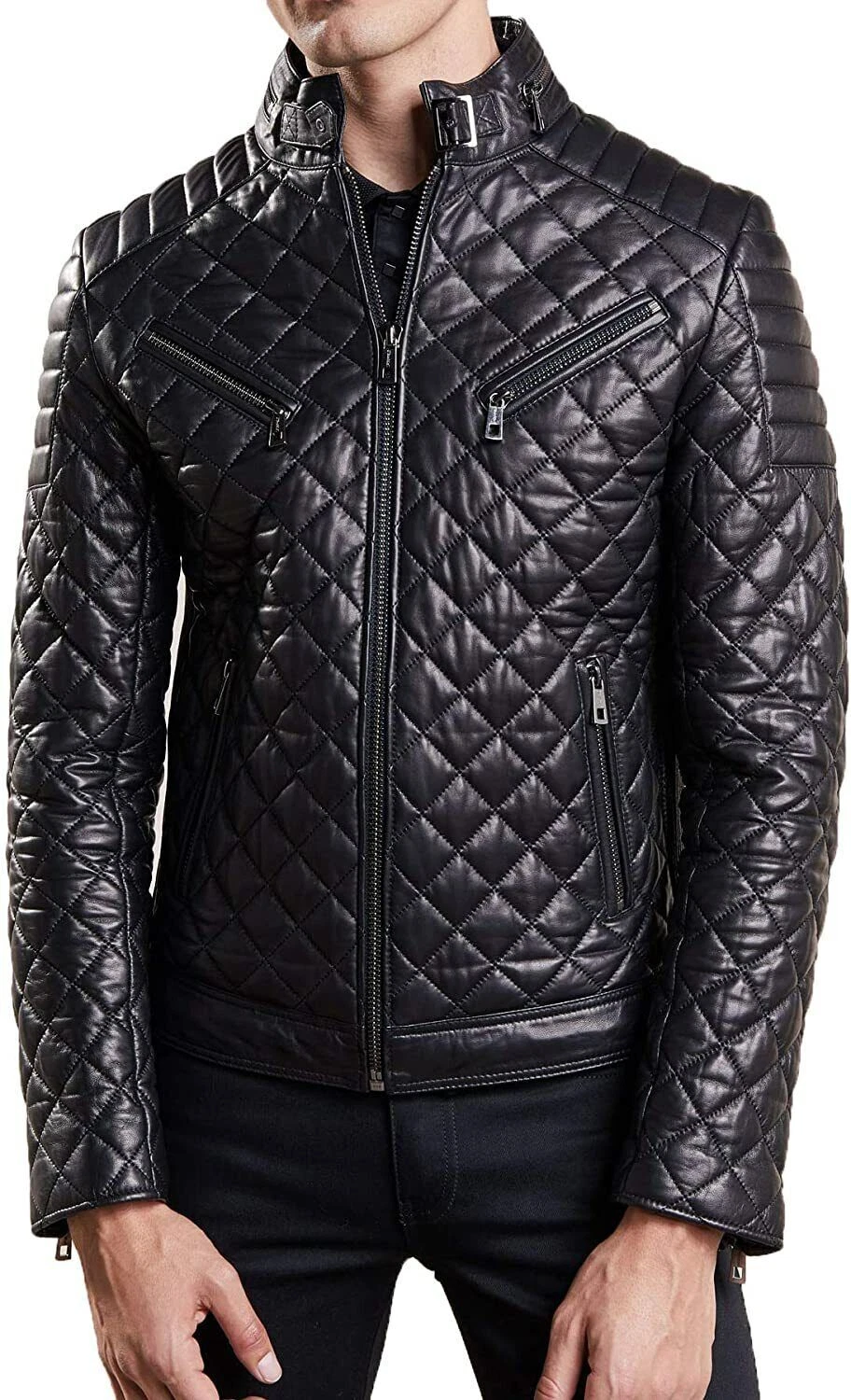Men’s Black Quilted Leather Jacket Real Lambskin Biker Style Coat Jacket