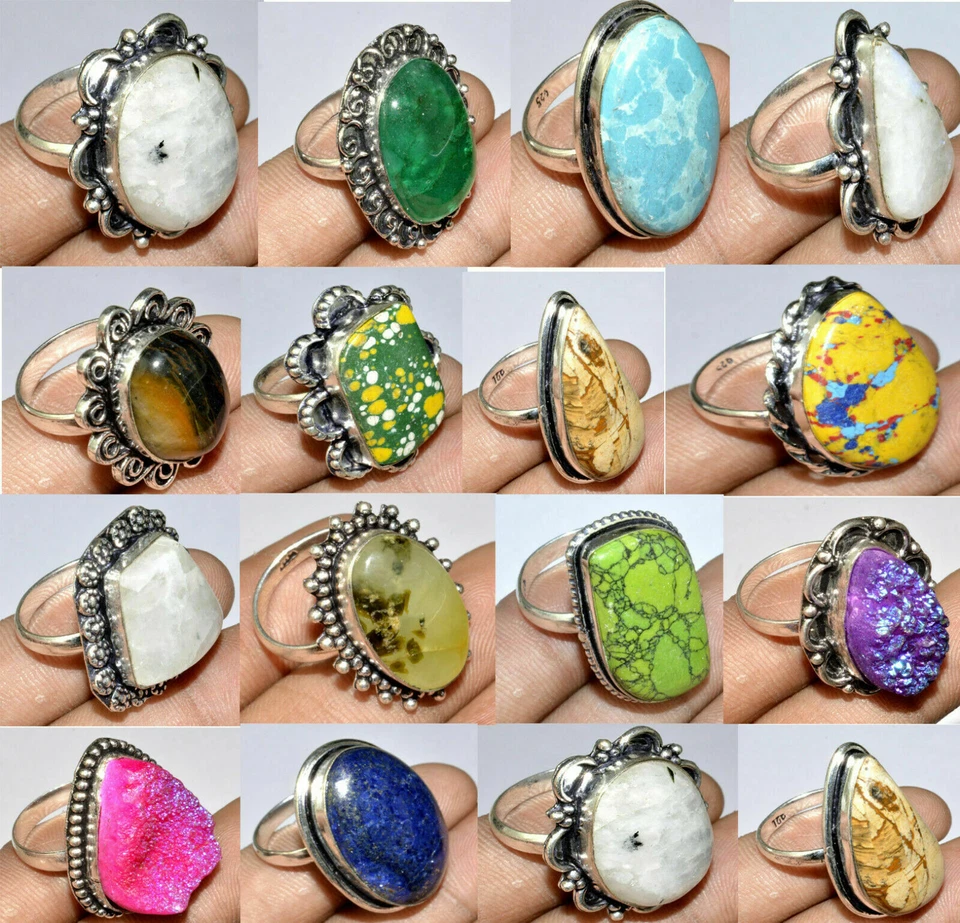 Impresionante lote de anillos hechos a mano enchapados en plata de ley 925 con piedras preciosas de prehnita y mezcla Foto 3 de 3