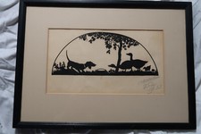 Scherenschnitte Paper Cut Art Dog W Bowl  Geese 15" x 11"