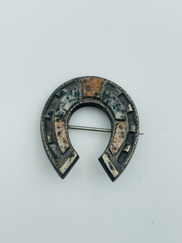 Antique Scottish Victorian Sterling Silver & Agate Horseshoe Pin
