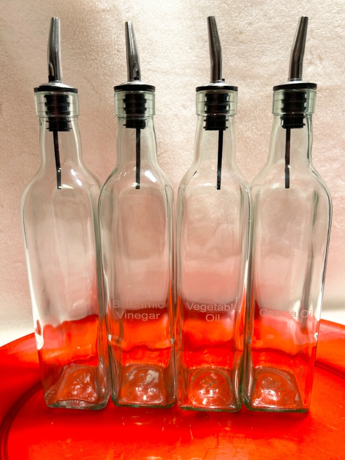 (4) New Glass Canola Vegetable Oil Vinegar Bottles Dispensers