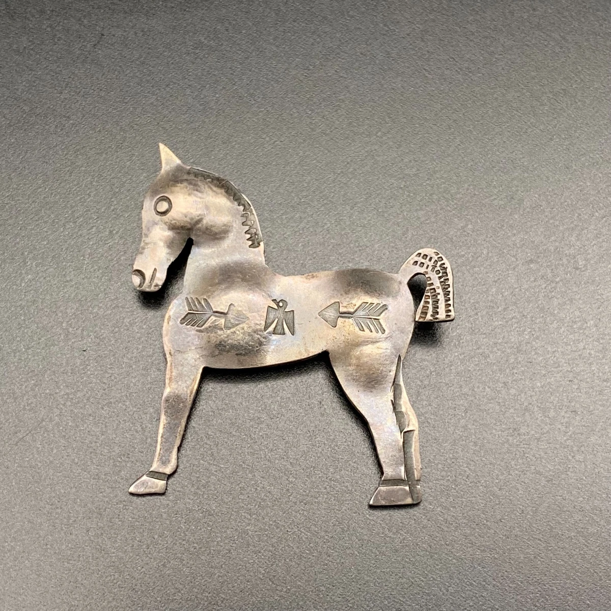Vintage Navajo Horse Stamped Thunderbird Arrow Silver Brooch Pin