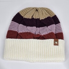 Frye  Co Knit Beanie Hat Stripes Deep Purple Lavender Maroon Tan Cream Knit