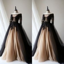Black Champagne Gothic Wedding Dresses Long Sleeve A Line Scoop Neck Bridal Gown