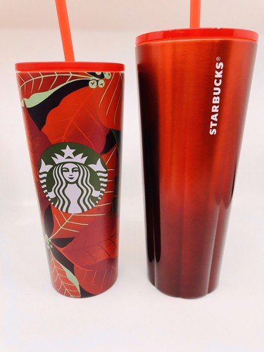 Starbucks Holiday 2020 Venti Tumbler Ombré Red Scalloped & Red Poinsettia Set - Picture 3 of 9