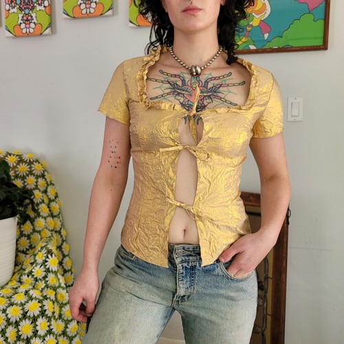 Vtg 60/70s Gold Lamè Crinkle Triple Tie Open Blouse Sexy Glam Holiday Party Sm. - Picture 6 of 16
