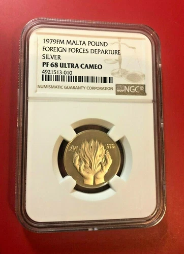 1979FM MALTA POUND FOREIGN FORCES DEPARTURE SILVER NGC PF 68 ULTRA CAMEO