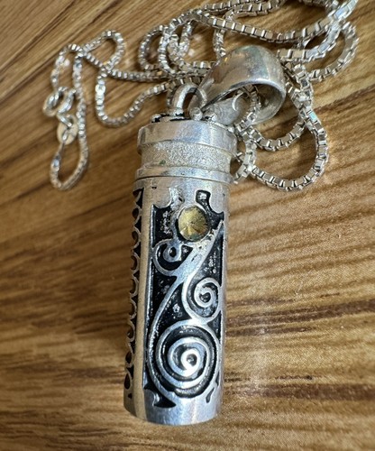 Sterling Silver 925 Prayer Keepsake Urn Cylinder Pendant Necklace Oxidized Swirl