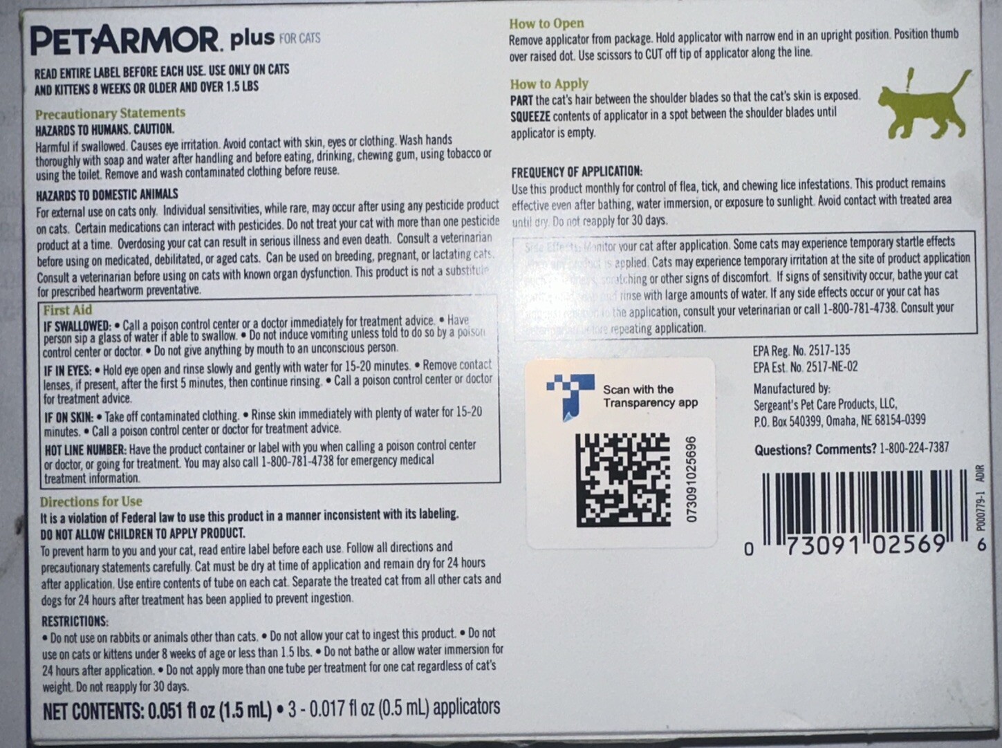 Pet Armor Plus for Cats & Kittens 3 applications UrbanKitchens.co.uk