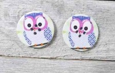 wood bird owl sewing buttons 2 holes 1 1/8 inch pink blue USA made