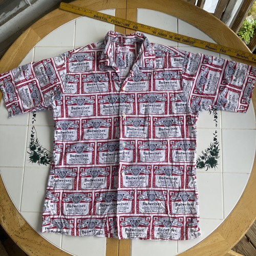 Vintage 1960s Budweiser All Over Print Cotton Shirt Size M Label Line Union Made