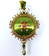 Vtg Green Beaded Satin Sequin Push Pin Christmas Ornament w/ Red Snowflakes 3"