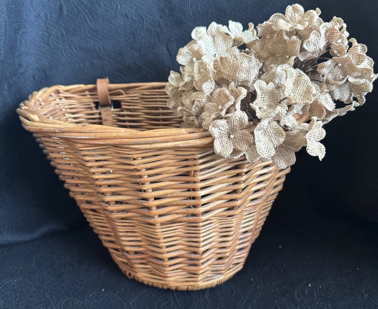 Vtg Woven Wicker Bike Basket Leather Straps European Market 