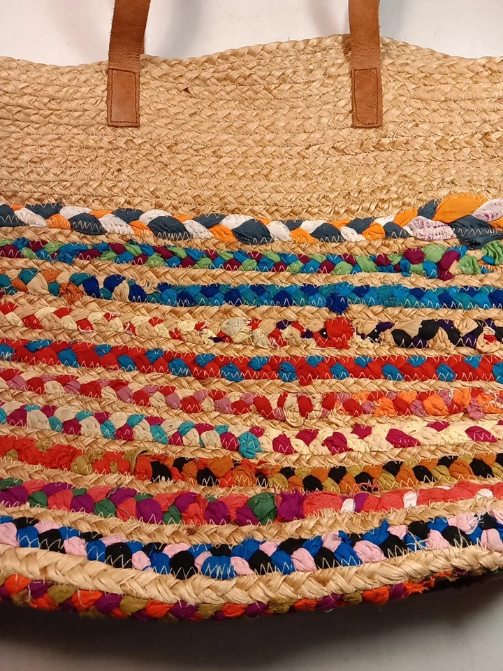 Woven Rag Rug Lg. Tote Bag Boho Hippie  Striped W/ Leather Straps Made In India  - Image 3 of 4