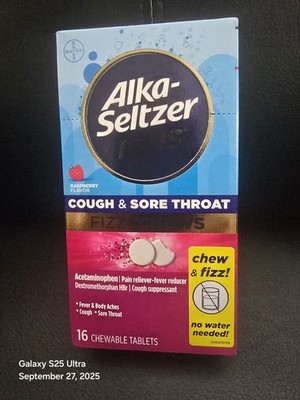 Alka Seltzer Plus Cough and Sore Throat FizzyChews Raspberry Flavor 